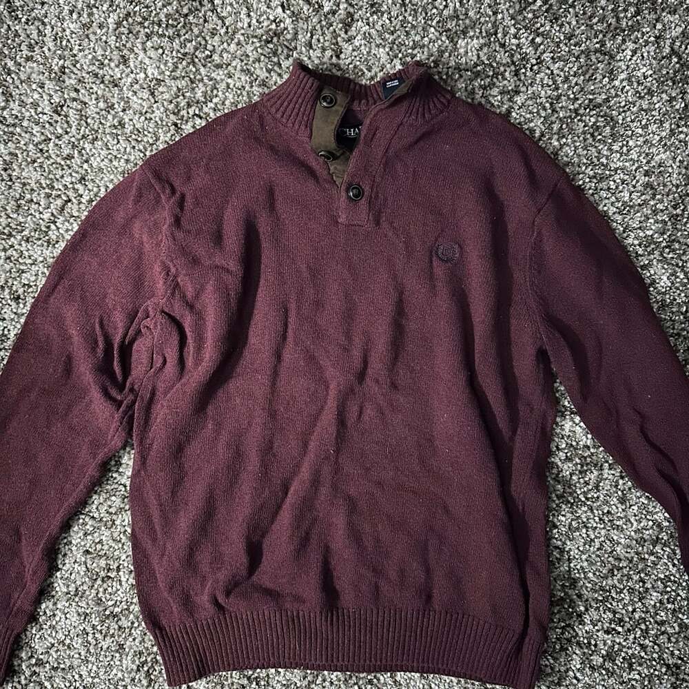 Chaps Men's Burgundy Quarter Button Mock Neck Sweater with Elbow Patches Size L